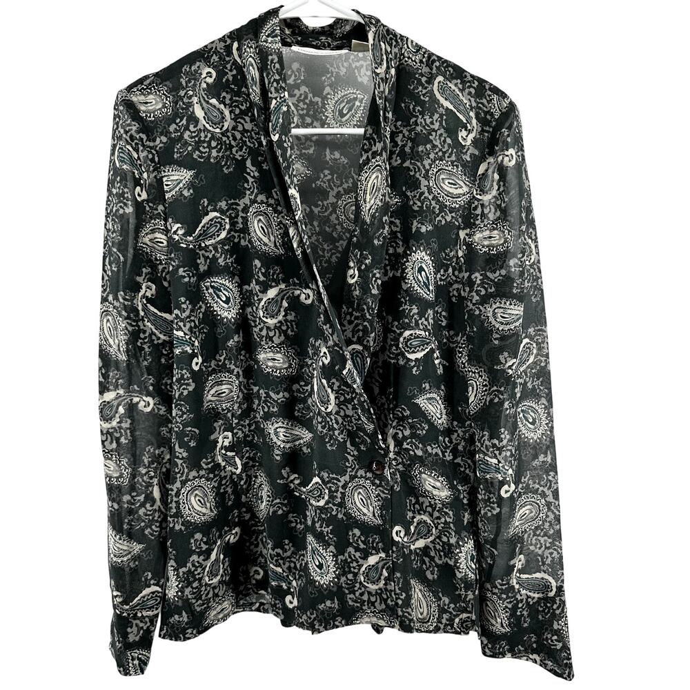 Dana Buchman Paisley Blouse Top Wrap Button V Neck Lightweight 100% Silk Green L
